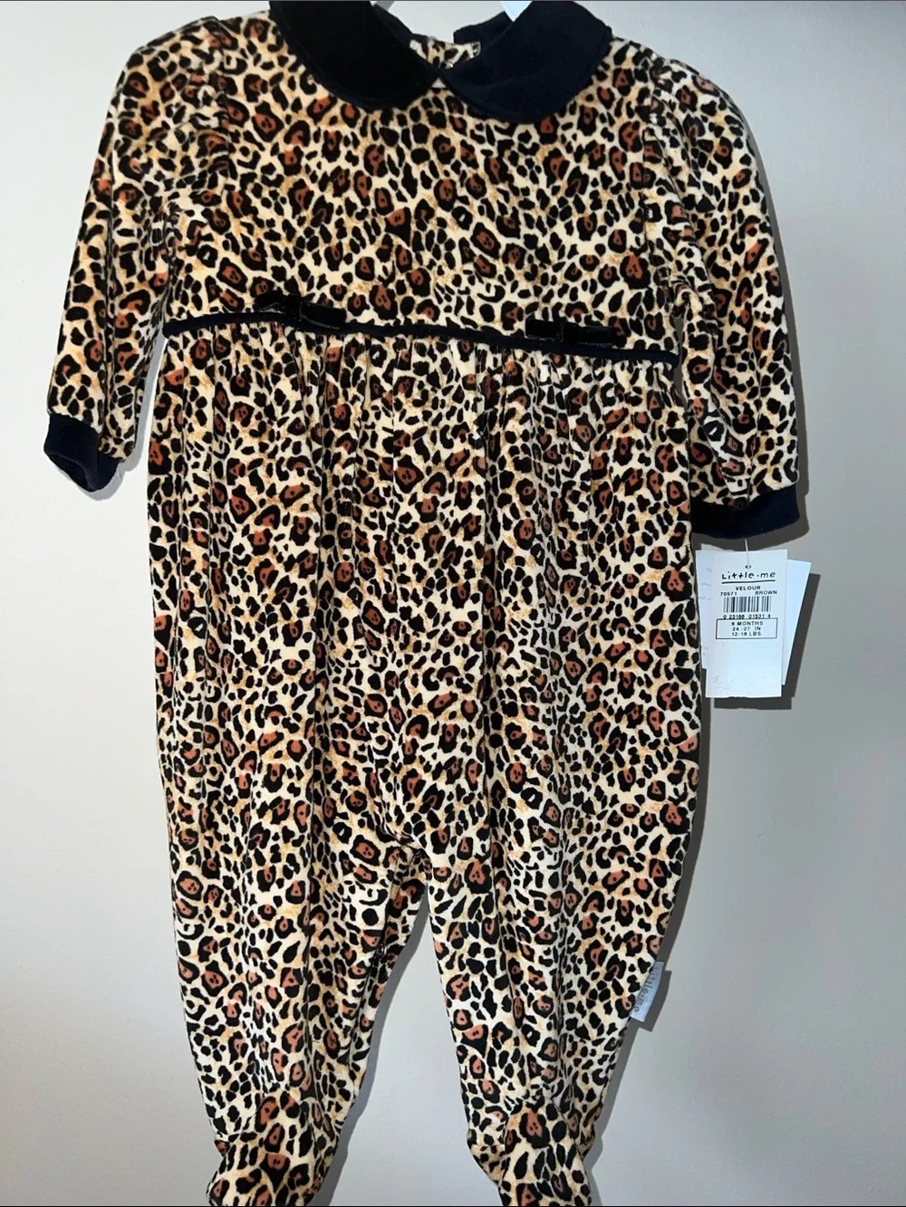 Little Me Leopard Velour Footed One-Piece with Black Collar